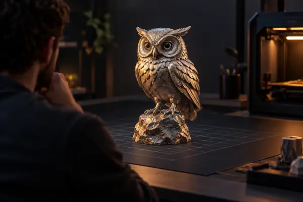 A dark 3D model viewer interface showing a small metallic owl model.